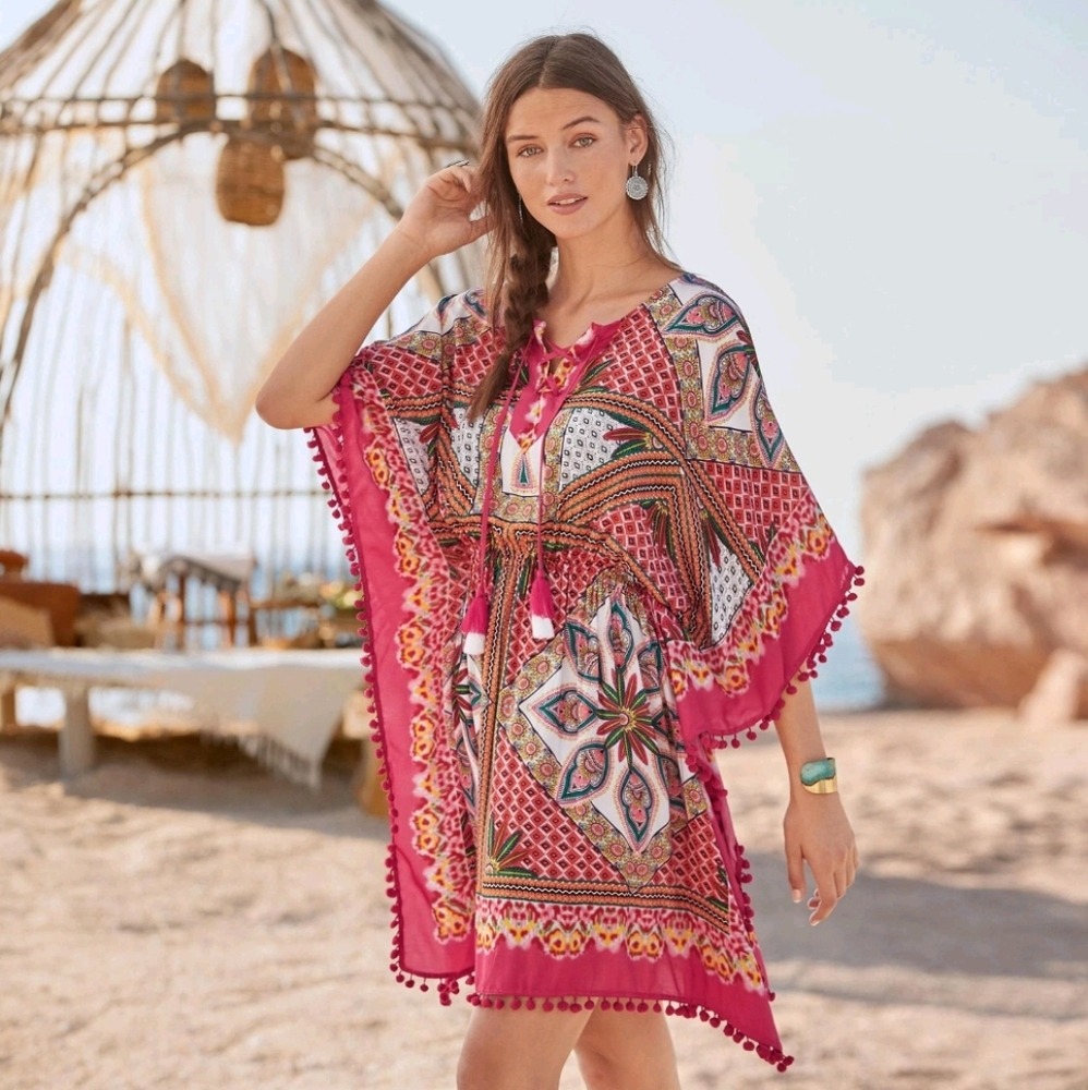 Sundance Dress Large Atzi Beach Coverup Multi Pom Pom Elastic Waist Pullover S - Picture 1 of 5